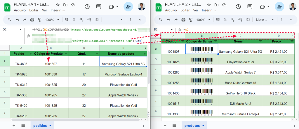 PROCV com IMPORTRANGE googlesheets formula