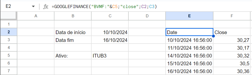 googlefinance itub3 b3 closeprice