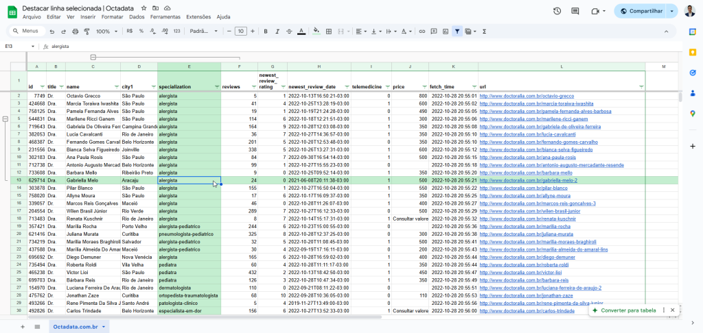 Destacar a célula ativa no Google Sheets