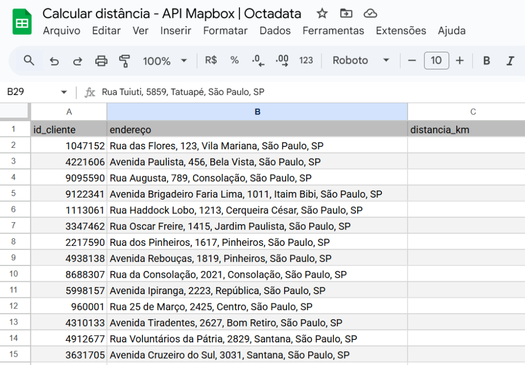 calcular distancia entre enderecos base google sheets