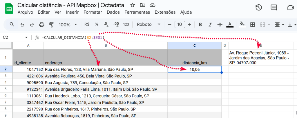 calcular distancia entre enderecos mapbox google sheets