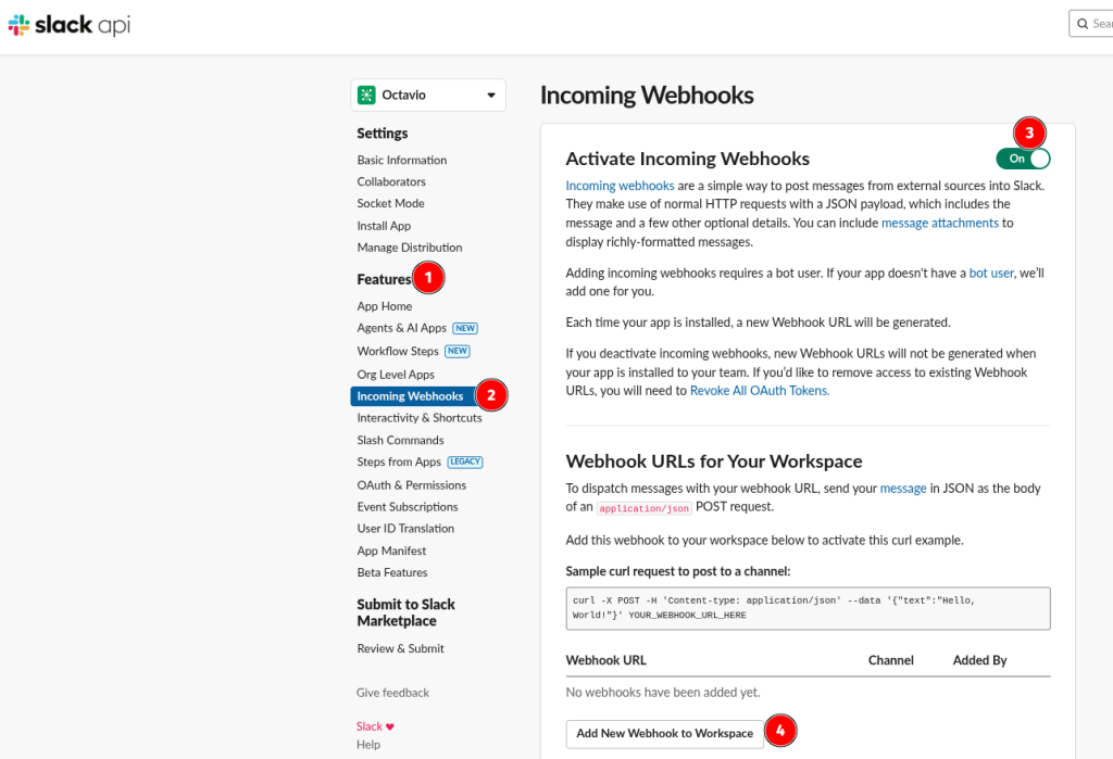 criando webhook slack