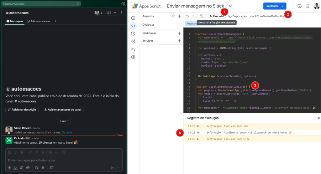 executando envio mensagem slack google sheets