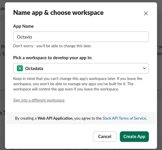 name app create slack
