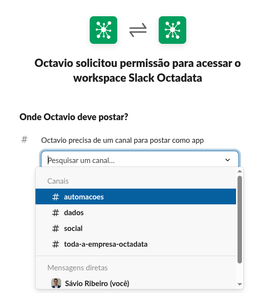 selecionar canal slack webhook