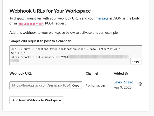 webhook criado no slack