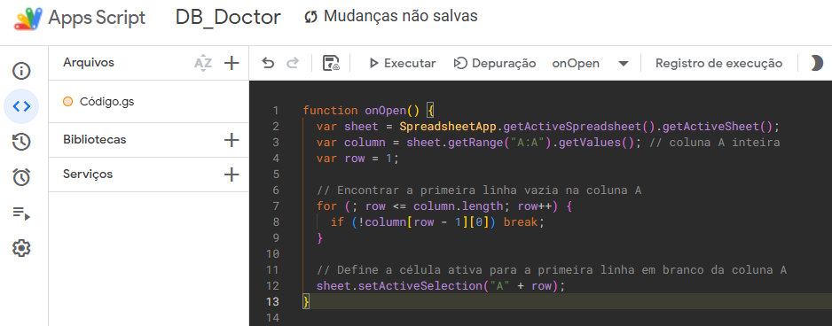 apps script ir primeira linha em branco sheets