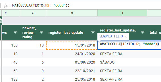 dia da semana - google sheets