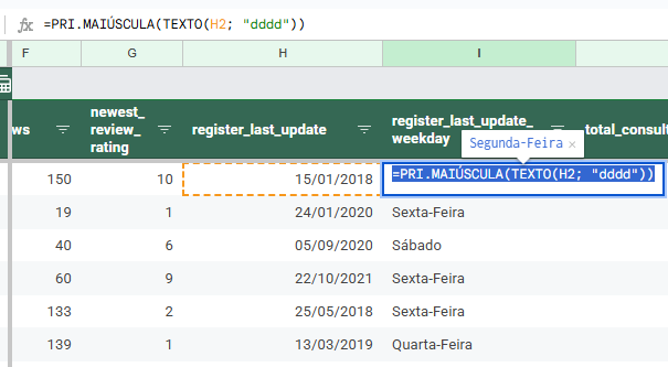 dia da semana google sheets 5