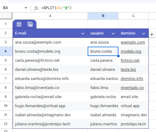 funcao split google sheets email