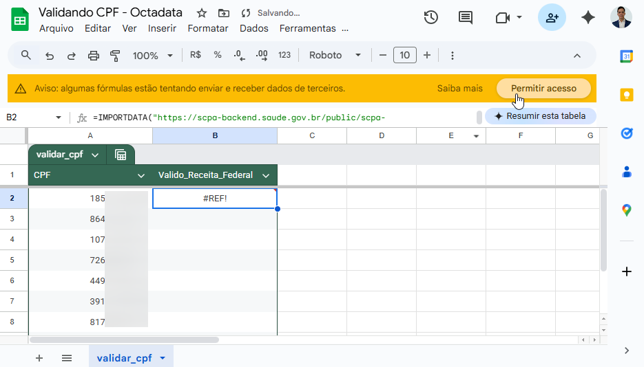 validar cpf google sheets