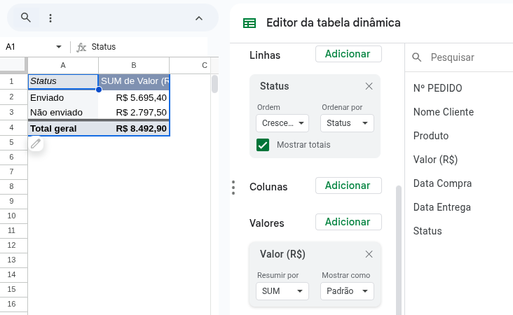 Tabela dinâmica no Google Sheets