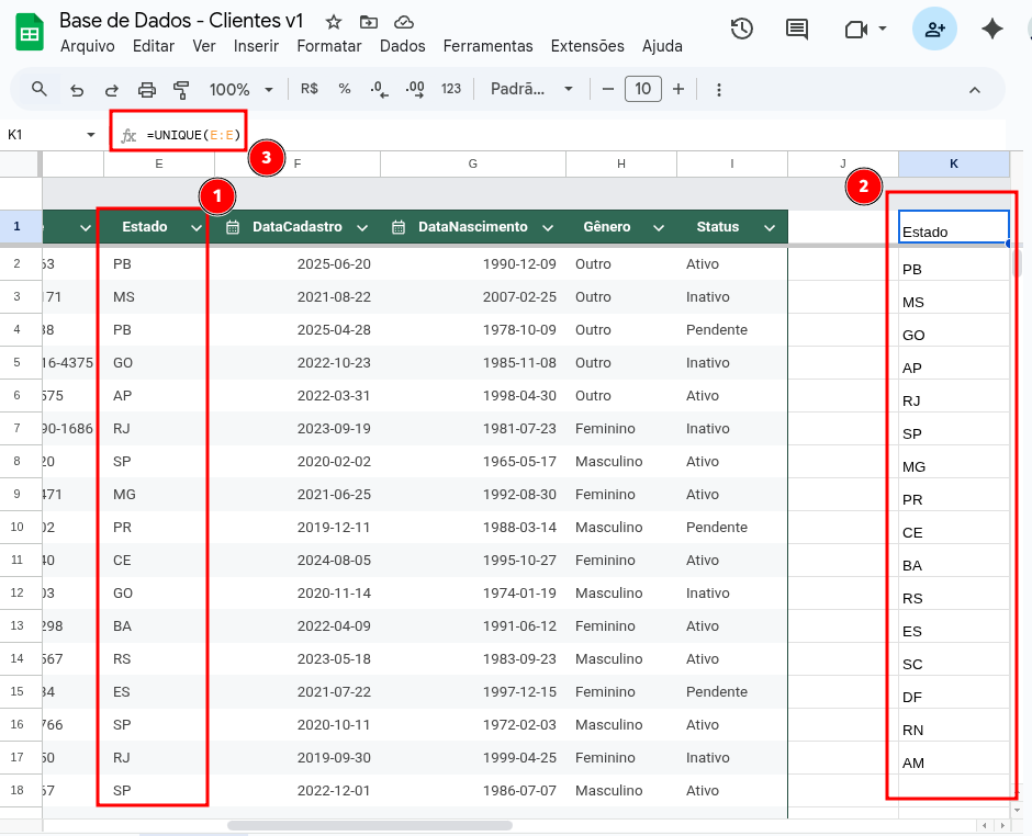 Função UNIQUE no Google Sheets