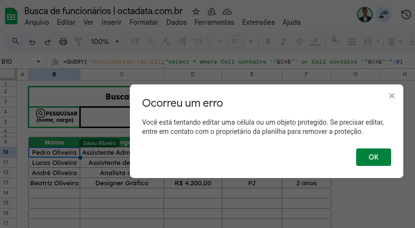 erro ao tentar editar protecao google sheets