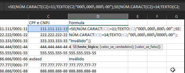 formatar cpf ou cnpj excel com formula