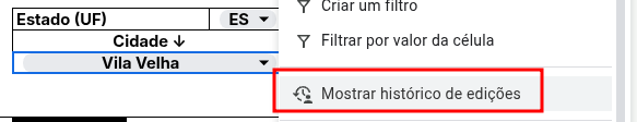 historico de edicoes celula planilhas