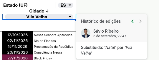 historico de edicoes navegacao google sheets