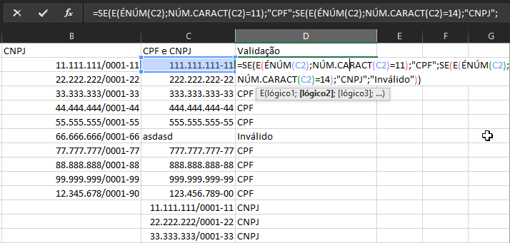 identificar cpf ou cnpj excel com formula