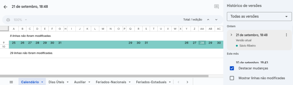Novo histórico de versões - Google Sheets
