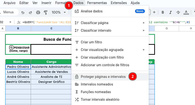opcao proteger paginas e intervalos google sheets