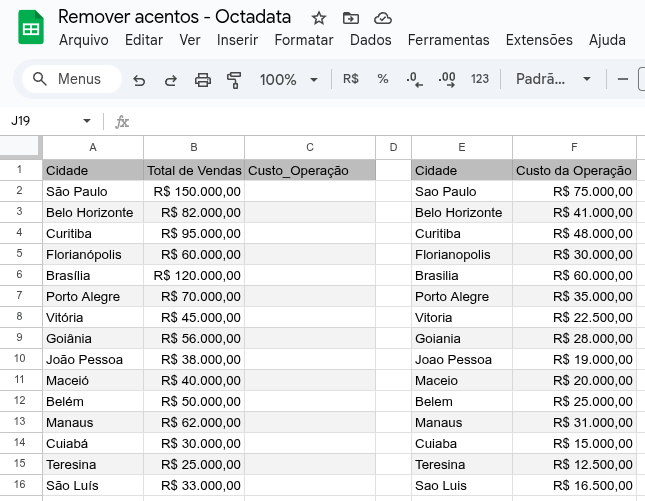 Remover acentos - tabela de exemplo no Google Planilhas