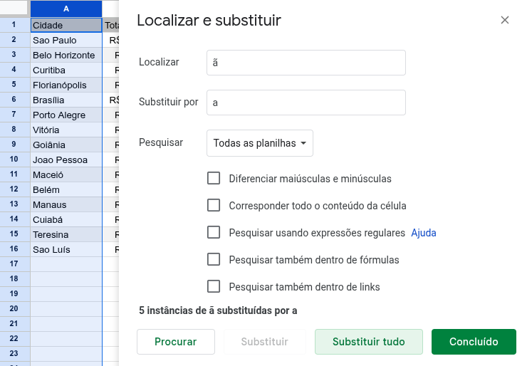 remover acentos google sheets localizar e substituir