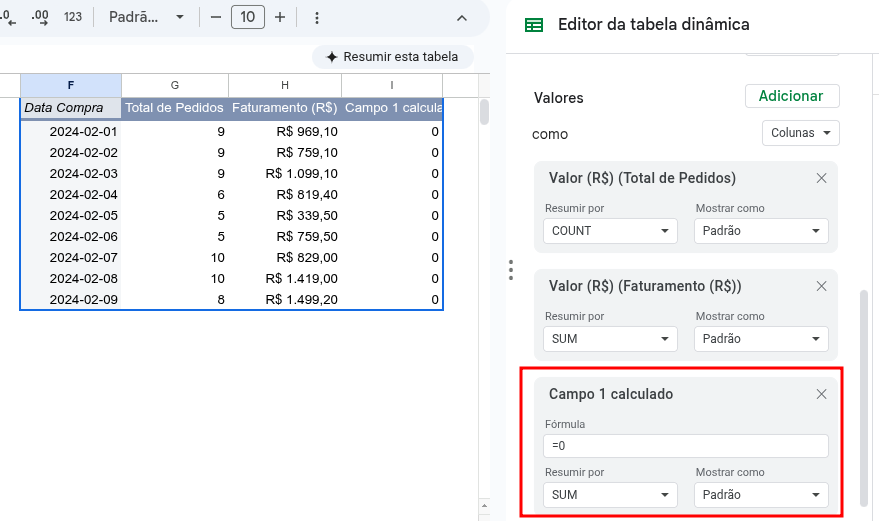 campo calculado google sheets tabela dinamica 3