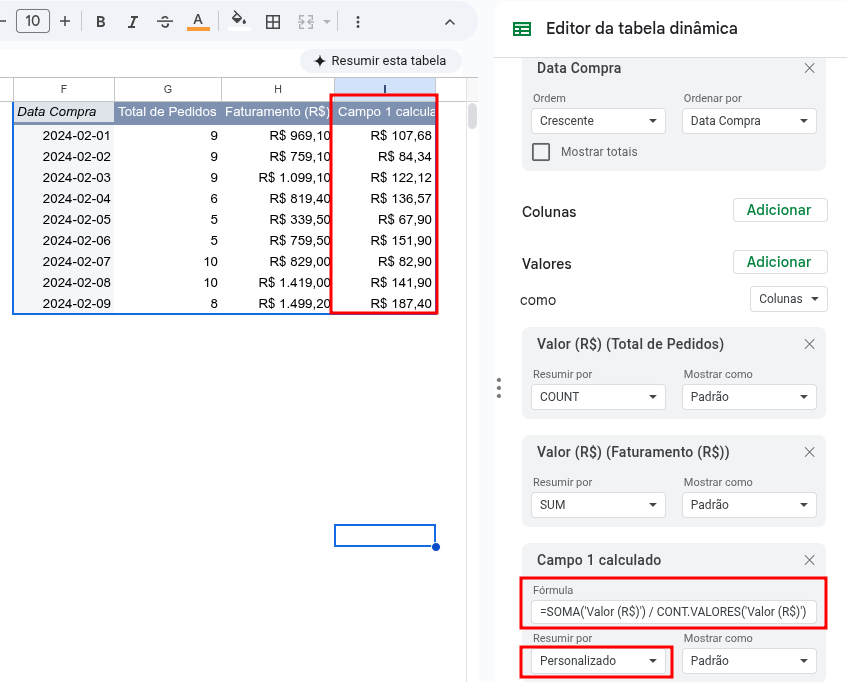 campo calculado google sheets tabela dinamica 4