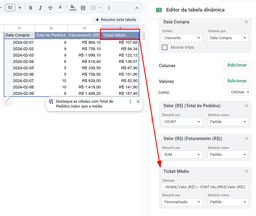 campo calculado google sheets tabela dinamica 5