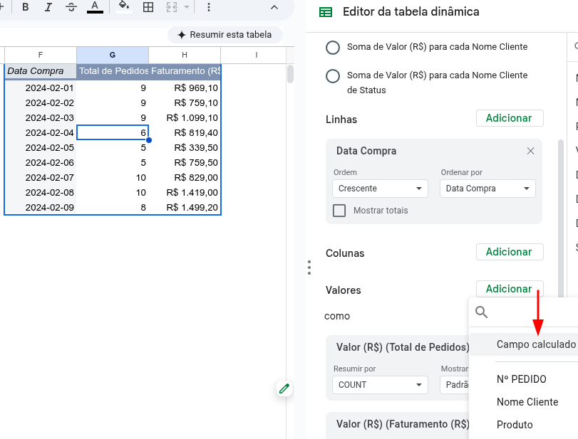 Campo calculado no Google Sheets - tabela dinâmica