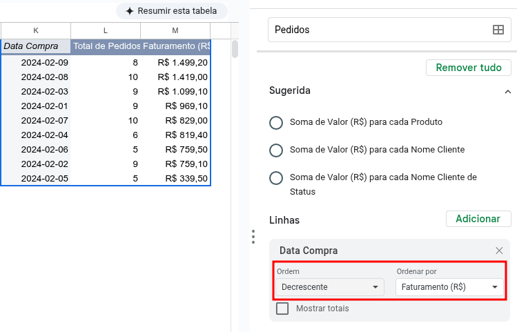 ordenar dados tabela dinamica google sheets 2