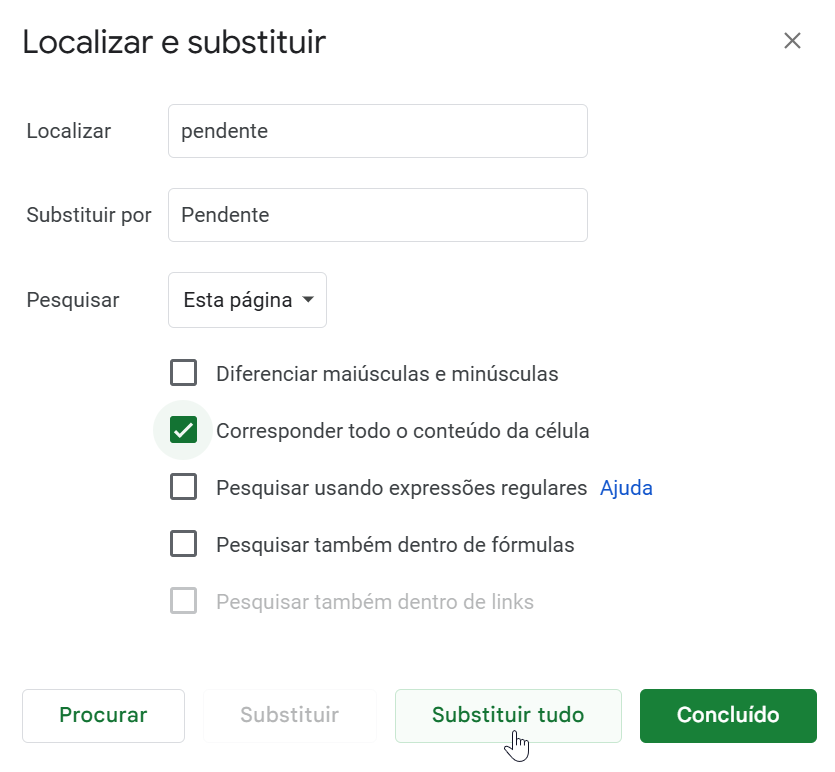 localizar e substituir google sheets padronizar 1