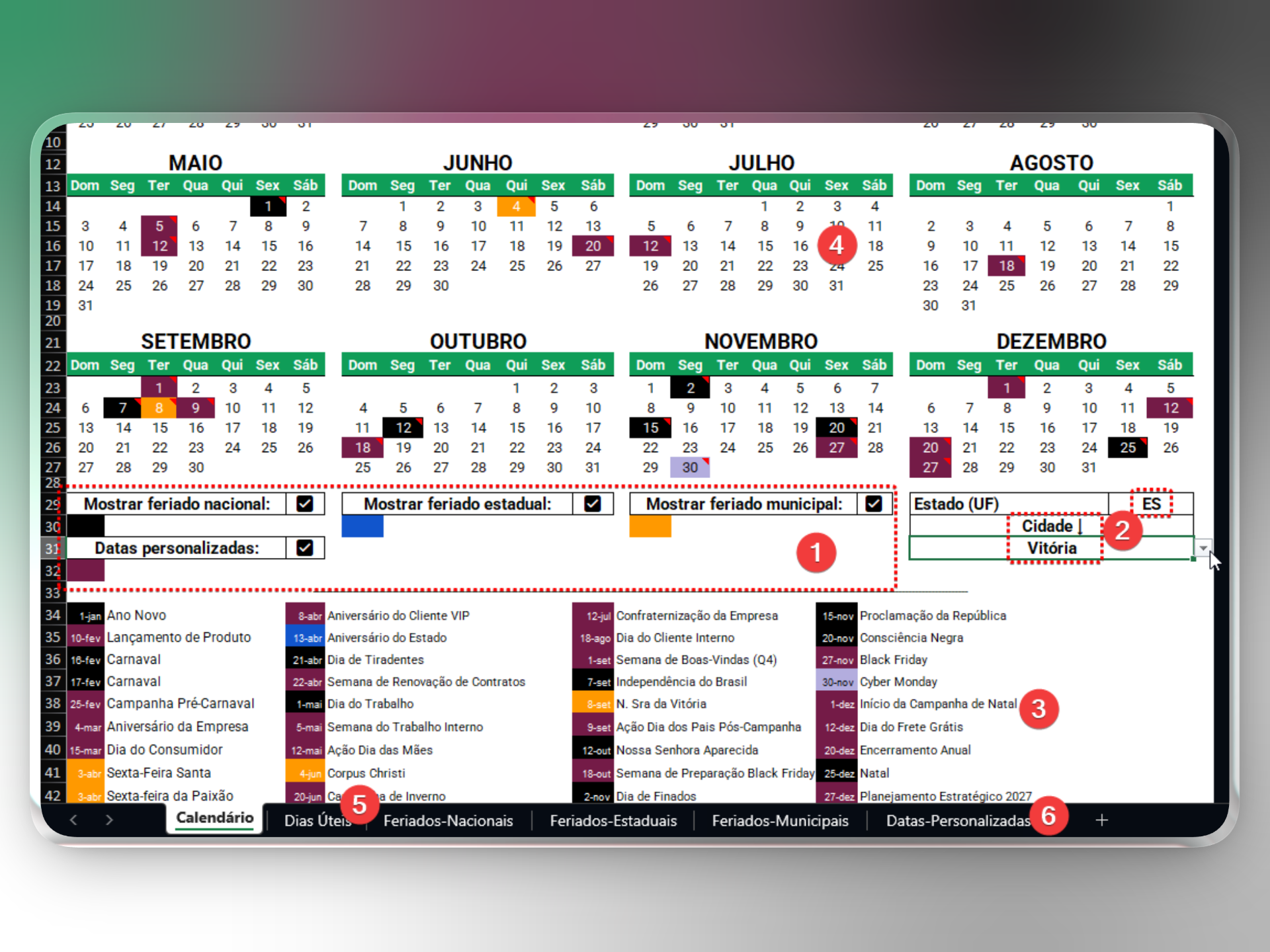 excel calendario 2026 feriados como usar