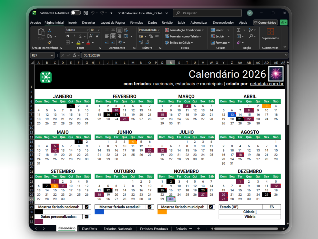 Calendário 2026 para Excel