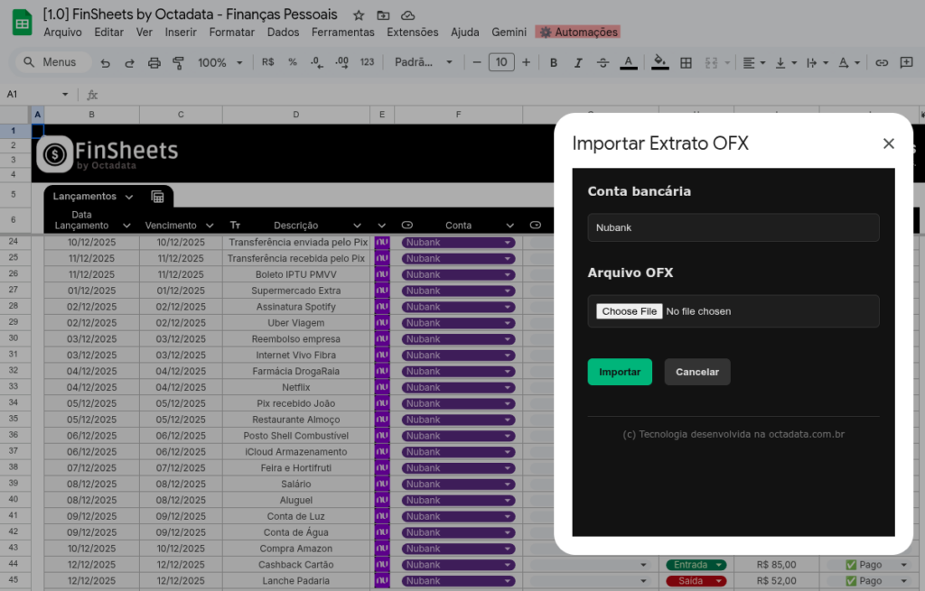 importador ofx csv extrato finsheets