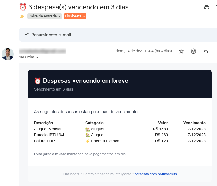 notificacao despesas vencendo email google sheets