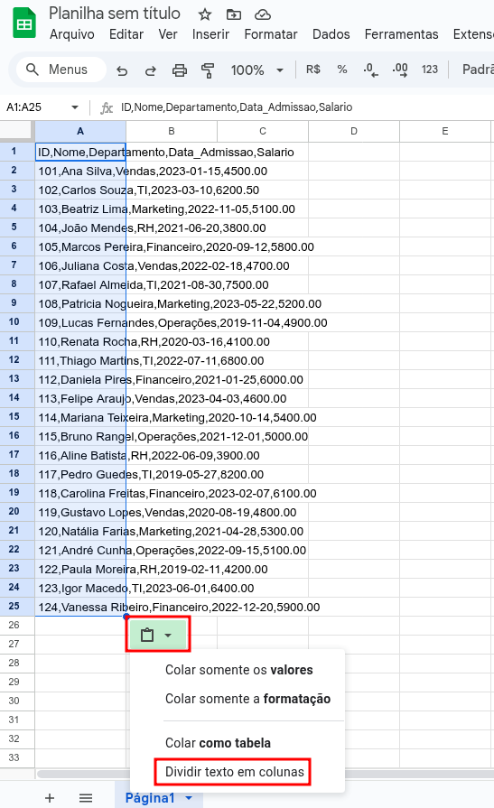 google sheets colando csv 2