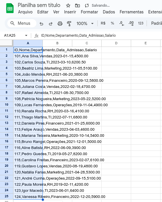 google sheets colando csv