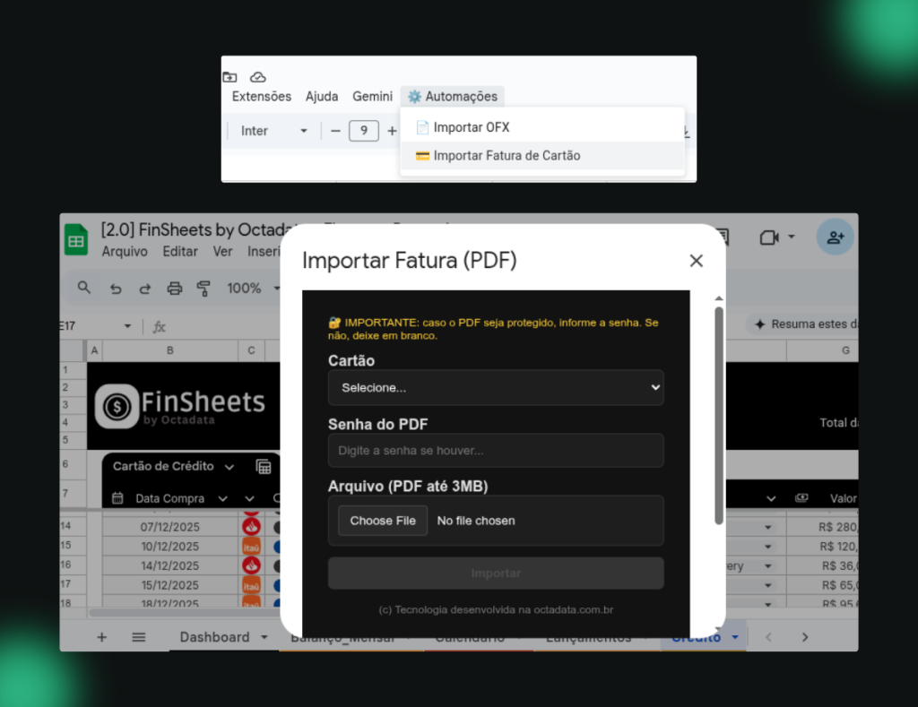 importador fatura pdf finsheets