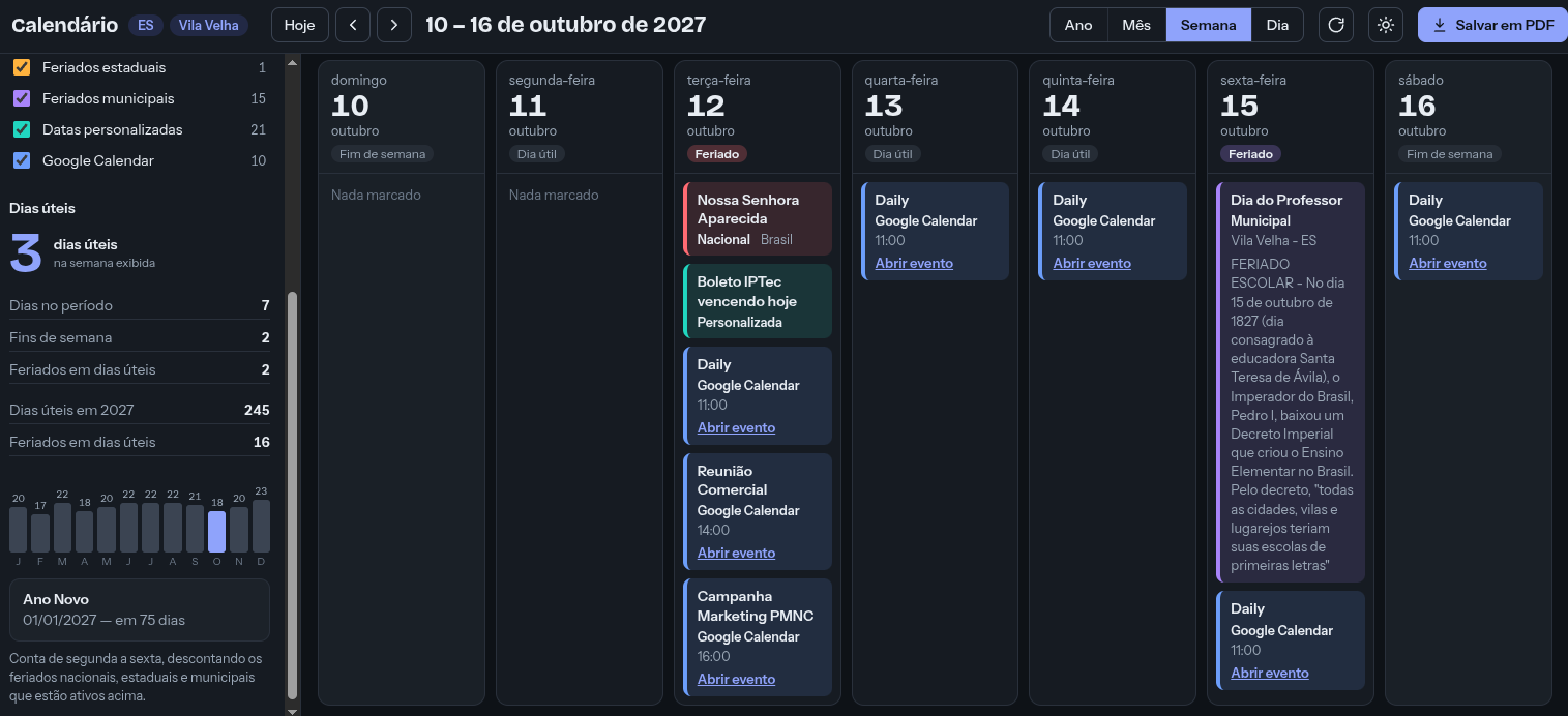 Agenda semanal do Calendário 2027