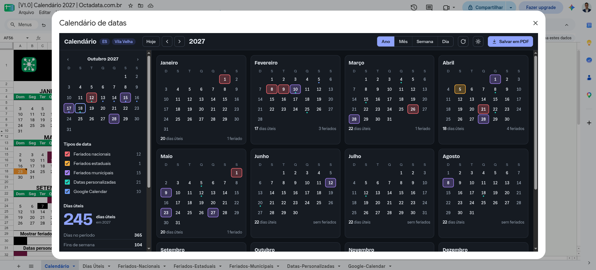 Visão anual do calendário