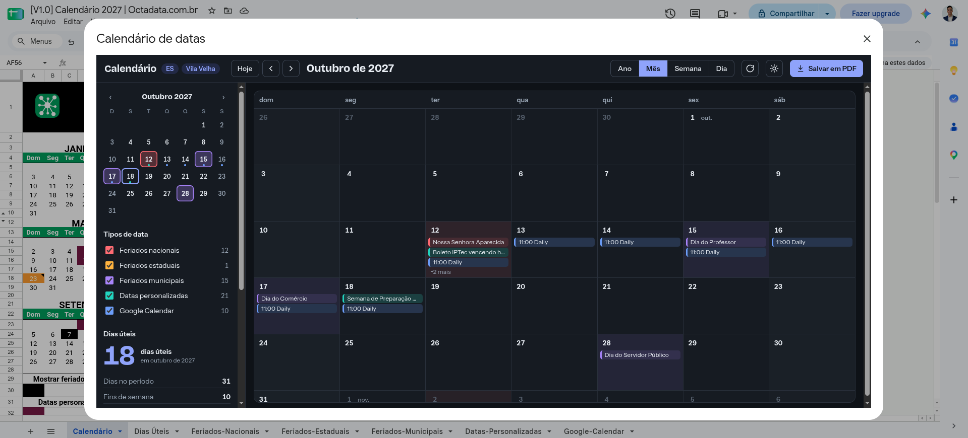 Visão mensal do calendário